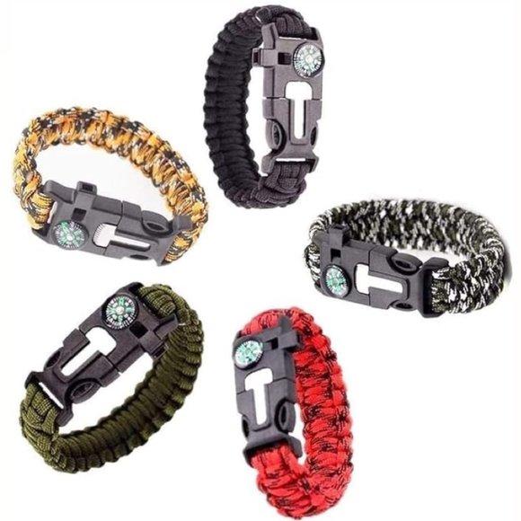 Other - 5pk Waterproof Nylon Tactical Hiking Compass Emergency Whistle Rope Bracelet